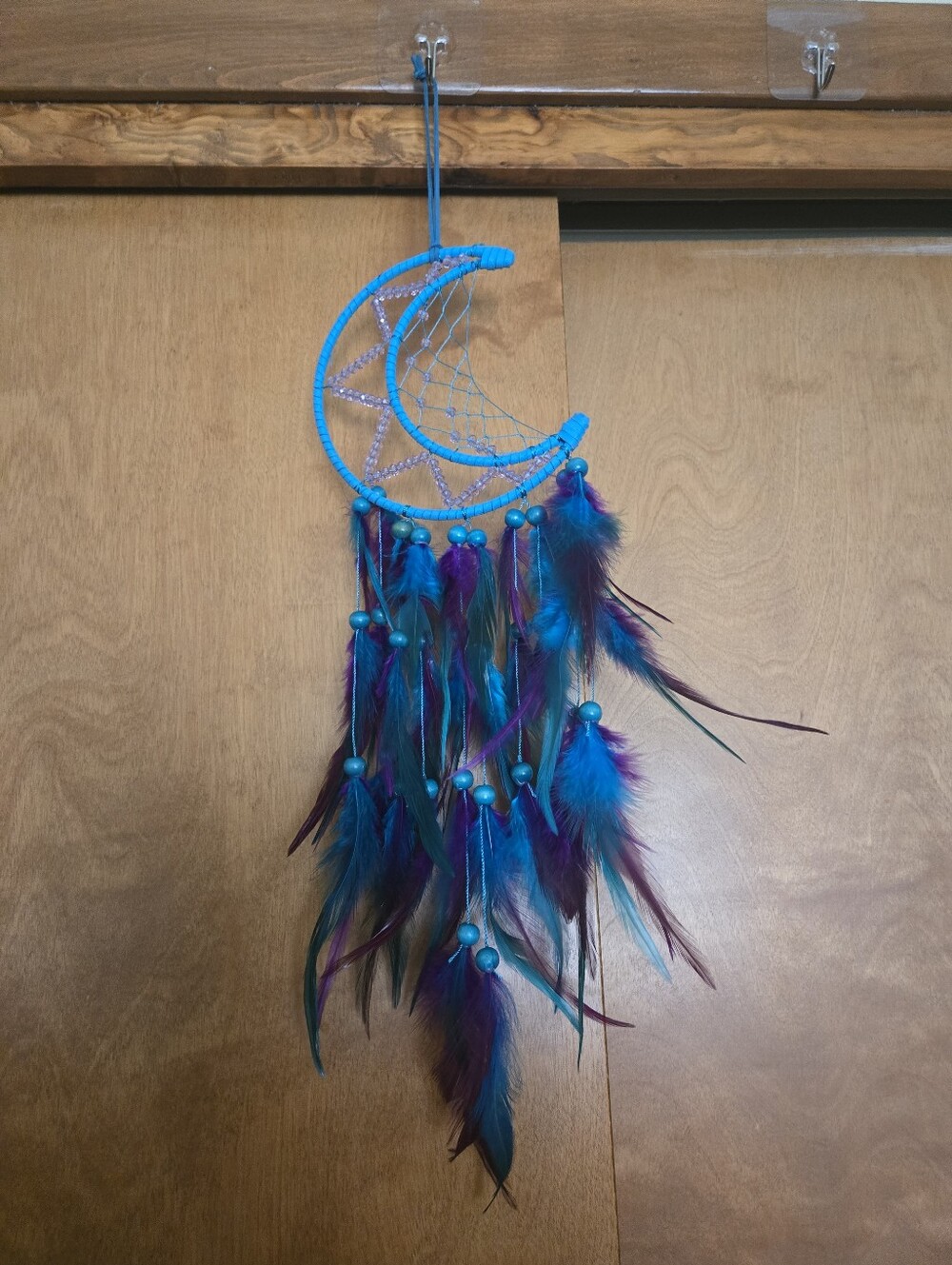 Handmade Crescent Moon Dreamcatcher – Blue Feather Boho Wall   Decor11